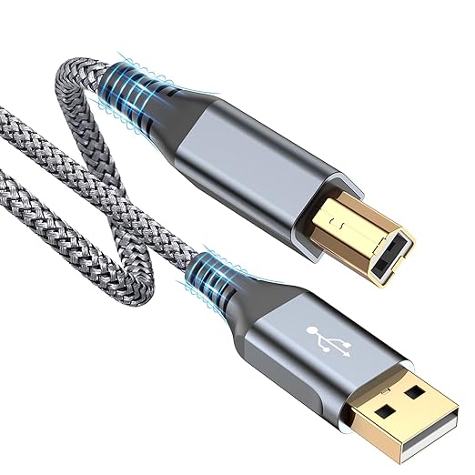 sweguard Printer Cable 6.6ft, USB 2.0 Midi Cord USB-A to USB-B Cable, High Speed Nylon Braided Scanner Printer Cord for HP Canon Dell Epson Brother Lexmark Xerox Samsung Piano DAC & More - Grey