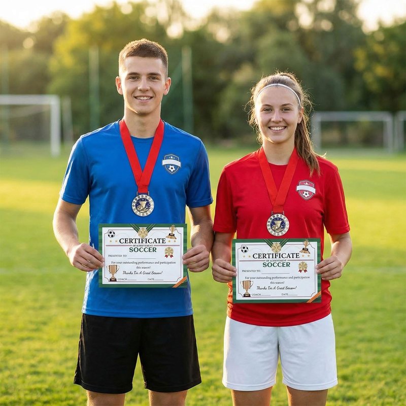 SvkOjmx 12 Pcs Soccer Medals with 12 Pcs Achievement Award Certificates Team Participation Medals with Red Ribbon Metal Champion Award Trophy for Soccer Themed Party Favors Participant Trophy Prize