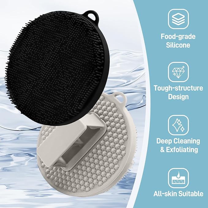 Silicone Body Scrubber 2PCS, Durable Silicone Loofah with Waved Bristles and Non-Slip Handle, Hygienic Body Buffer Shower Scrubber for Gentle Exfoliating & Lathering(Black+Lgray)