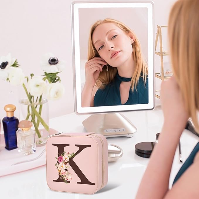 Christmas Gifts for Mom from Daughter Son, Personalized Birthday Giftware for Women, Mother Day Mom Gifts Small Travel Jewelry Box Travel Jewelry Organizer with Mirror, Initial K