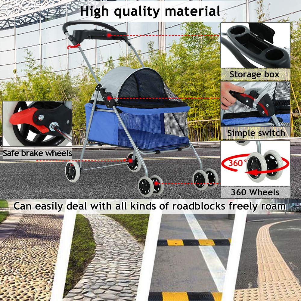 Dog Stroller Pet Stroller Cat Strollers Jogger Folding Travel Carrier Durable 4 Wheels Doggie Cage with Cup Holders 35Lbs Capacity Waterproof Puppy Strolling Cart for Small-Medium Dogs, Cats - Blue