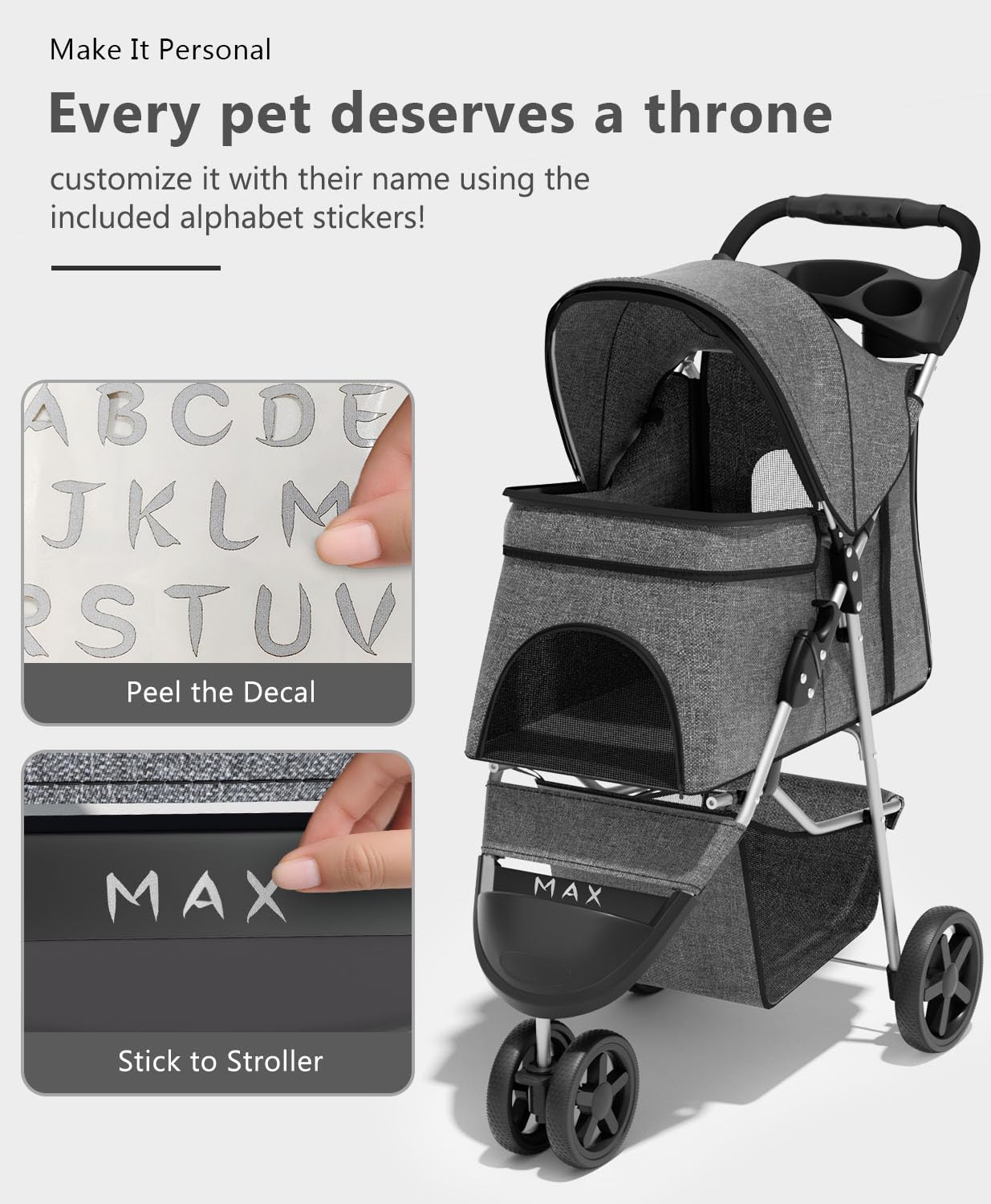 OS MOTOR Pet Stroller with 3 Wheels for Small/Medium Pets, Portable Travel Foldable Carrier Jogger for Dog Cat Puppy Kitty, Rear Wheel Breaks, Storage Basket, Visible Mesh with Weather Cover (Gray)