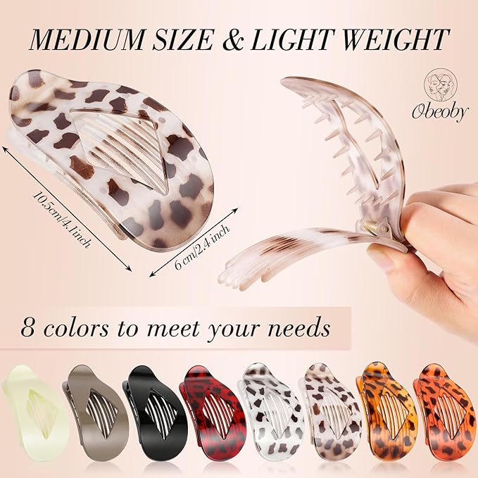 Obeoby 8 Pcs Flat Claw Clips for Women, Strong Hold French Flat Hair Clips for Thick Thin Hair Barrettes Accessories Round Large Medium (Tortoiseshell)