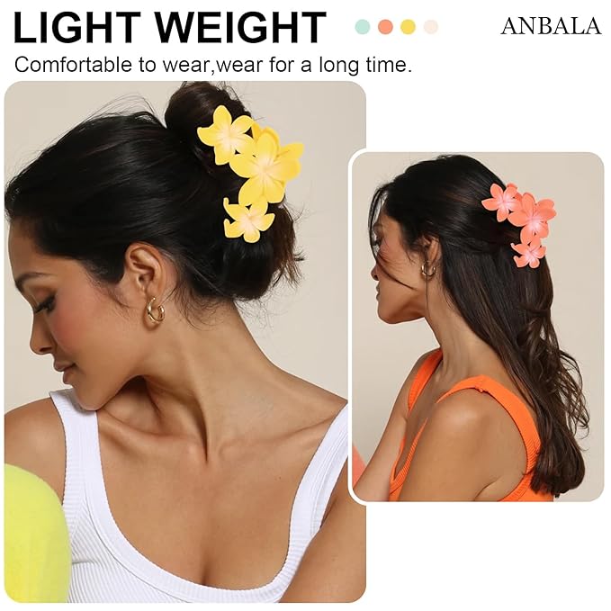 ANBALA 4PCS Flower Hair Accessories: Colorful Hawaiian Plumeria Claw Clips for Thick Hair - Large, Non-Slip, Strong Hold Beach Clips