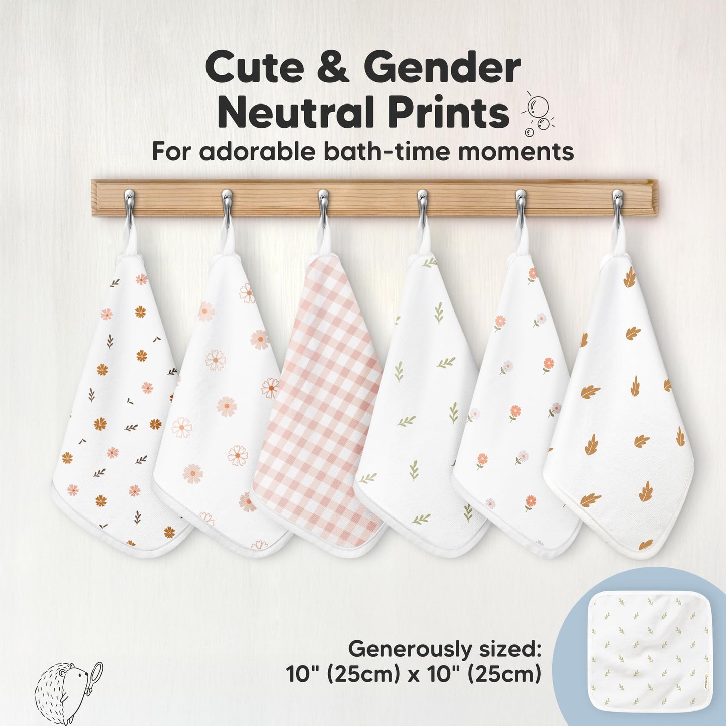 6-Pack Cotton Baby Washcloths for Newborn - Organic Cotton Muslin Soft Wash Cloths for Babies, Infant, Kids, Toddler Towels for Boy, Girl, Super Absorbent Face Cloths, Scratch-Free Baby Rags (Petals)