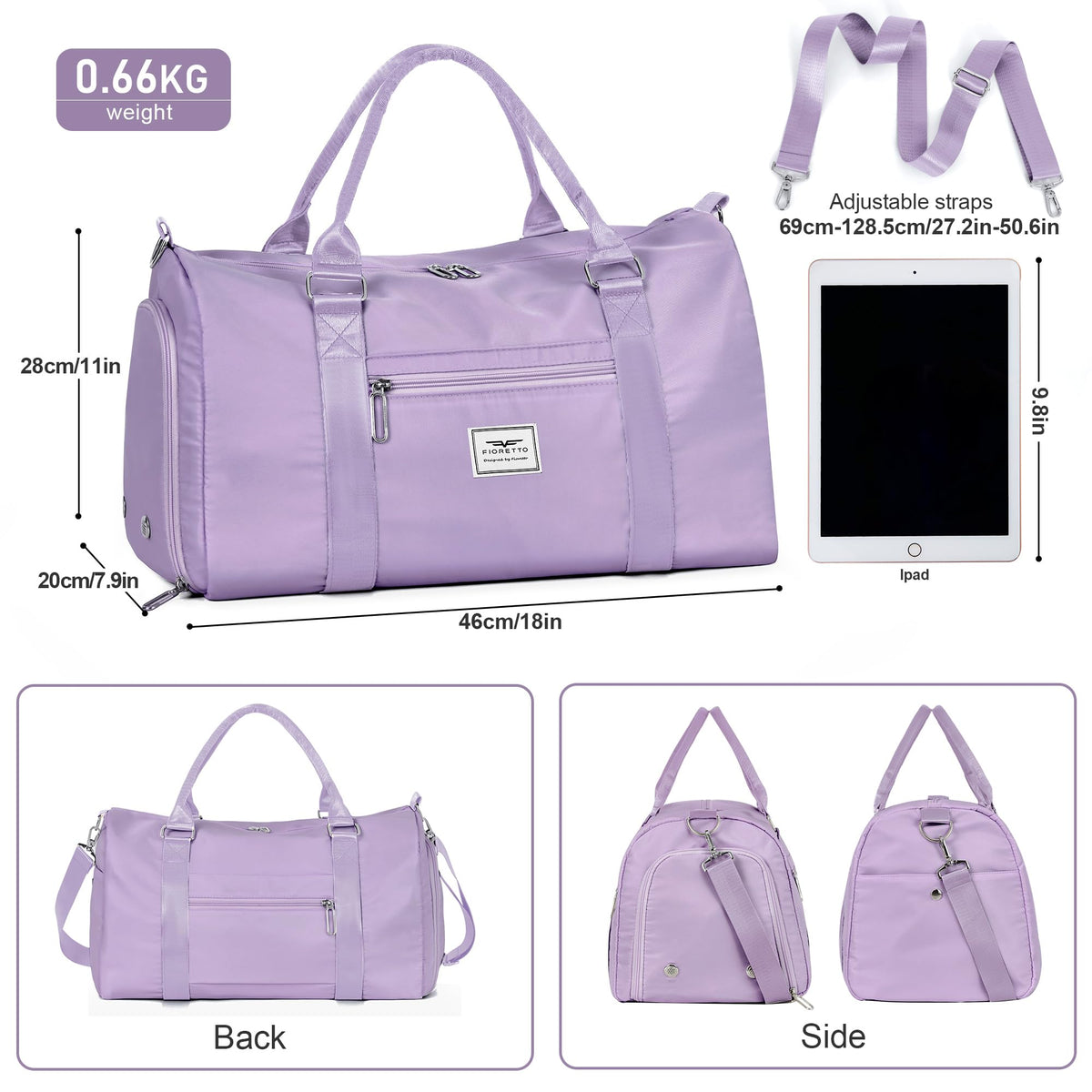 FIORETTO Womens Gym Tote Duffle Bag with Wet Pocket & Shoe Compartment, Sports Duffel Overnight Weekender Hospital Workout Carry on Bag for Girls, Ideal for Travel, Swimming, Dance, Ballet Purple