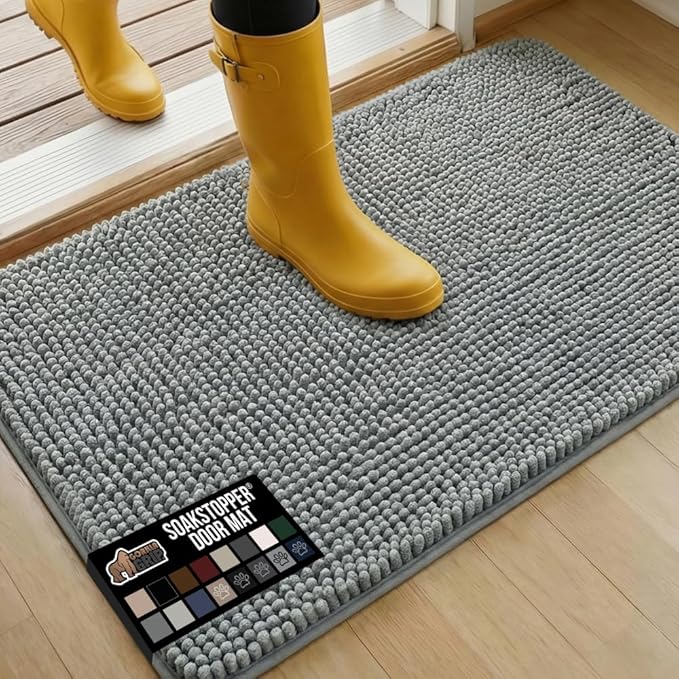 GORILLA GRIP SoakSTOPPER Dog Door Mat, 36x24 Machine Washable Rug Absorbent Doormat Captures Moisture Mud Dirt, Quick Dry Soft Chenille Entryway Rugs Indoor Entrance Mats for Dog Paws, Grey