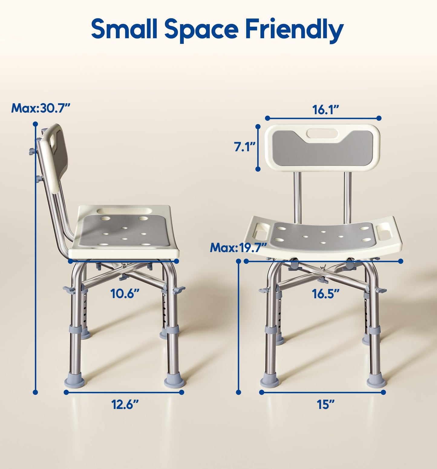 Bluelog Shower Chair with Back for Elderly and Disabled, Shower Seat Bench Stool, Adjustable Height, 350 lbs Capacity, Rectangular