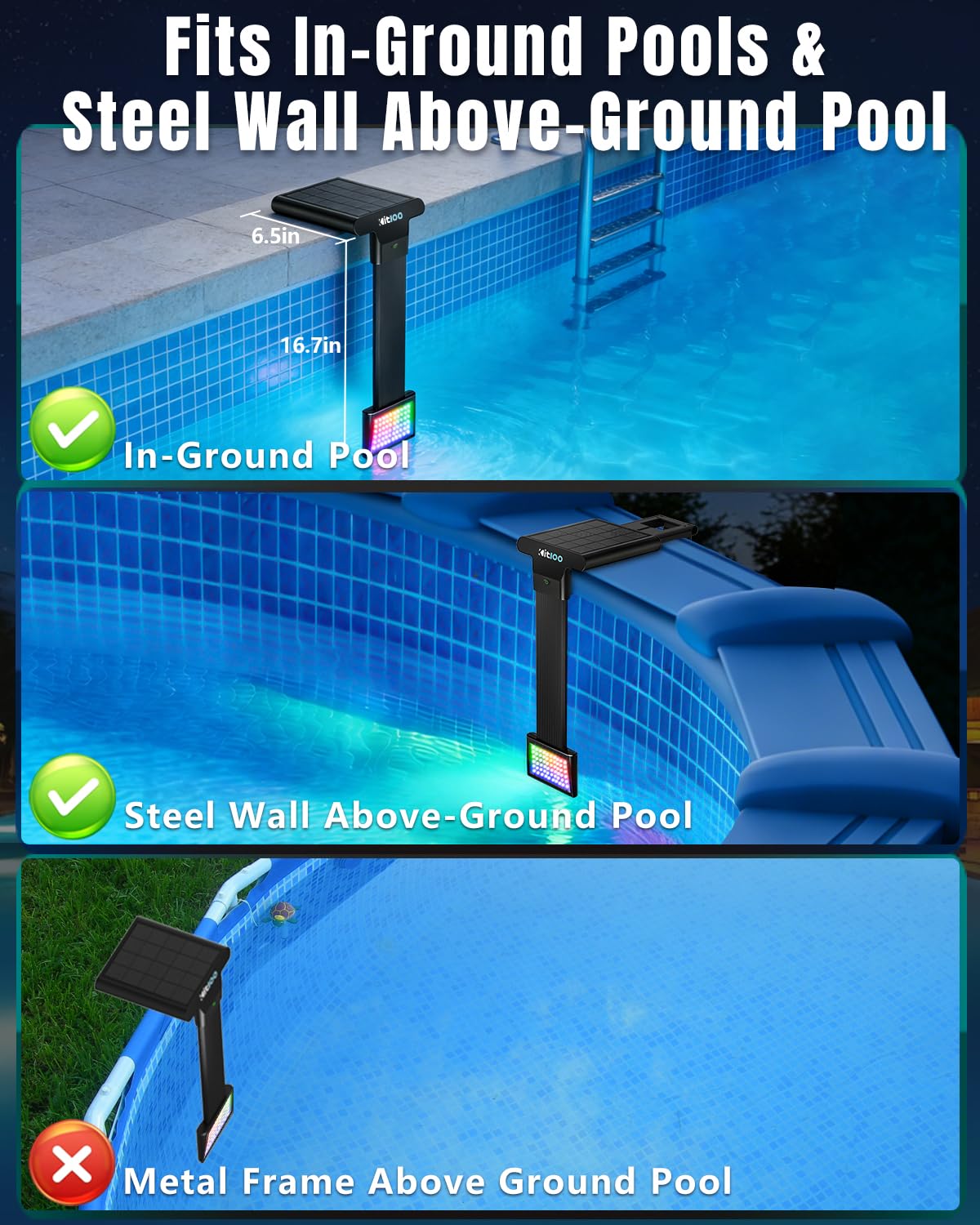 2026 Upgrade Solar Pool Lights Only for Inground Pool & Steel Wall Above Ground Pool, IP68 Waterproof, 17 Lighting, 6800mAh, Underwater Submersible Pool Lights with Remote, for Pool Party(1 Pack)