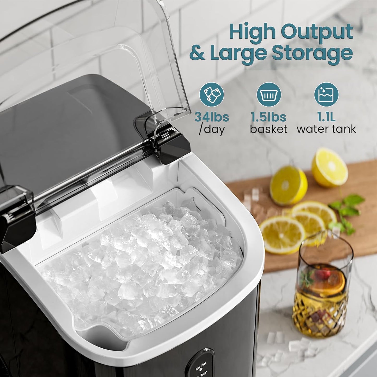 Nugget Countertop Ice Maker with Chewable Pellet Ice, Antarctic Star Portable Ice Machine Pebble Ice with Self-Cleaning, 34Lbs/24H, One Button Operation, for Kitchen, Home Black