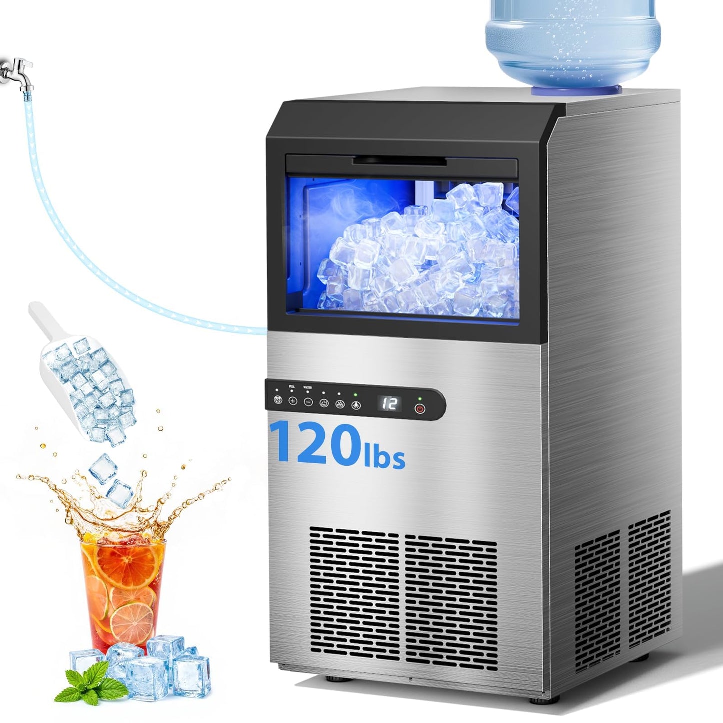 Commercial Ice Maker Machine, 120lbs/24H Stainless Steel Under Counter ice Machine with 45 Ice Cubes/Cycle, 2 Water Inlet Modes, Self Clean, 24H Timer,29LB Storage Bin for Bar, Coffee Shop, Home