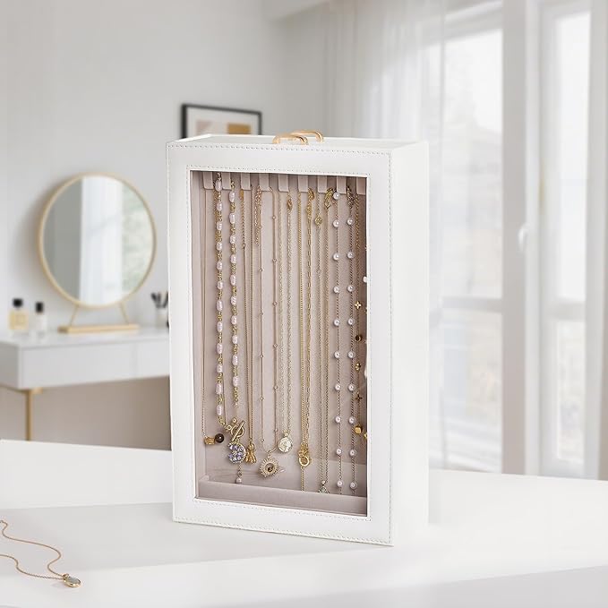 Lolalet Necklace Organizer Box, Jewelry Storage Box with Clear Window for Necklaces Bracelets, Tangle-Free Necklace Display Case for Women Girls -White, 2 Layers 20 Hooks