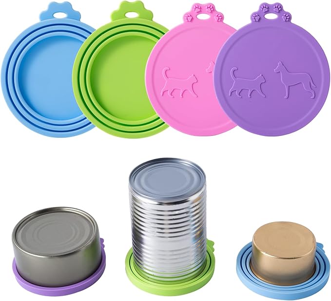 SLSON 4 Pack Pet Food Can Covers Universal Cat Dog Food Can Lids 1 Fits 3 Standard Size Cat Can Cover Lid Tops for Pet Food Storage (Blue+Green+Pink+Purple)