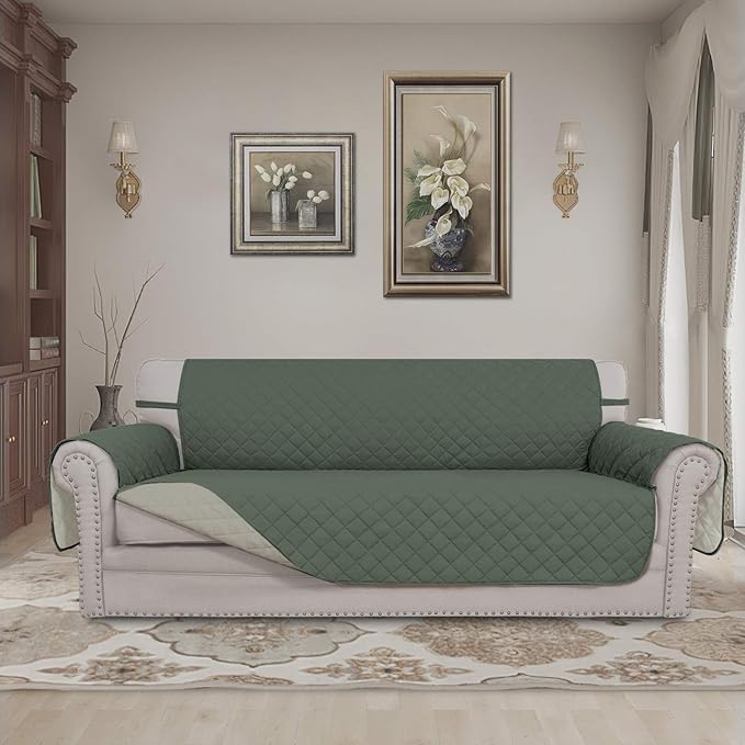 Easy-Going Reversible Couch Cover for 3 Cushion Couch Sofa Cover for Dogs Water Resistant Furniture Protector Cover with Foam Sticks Elastic Straps for Pet Cat (Sofa, Greyish Green/Beige)