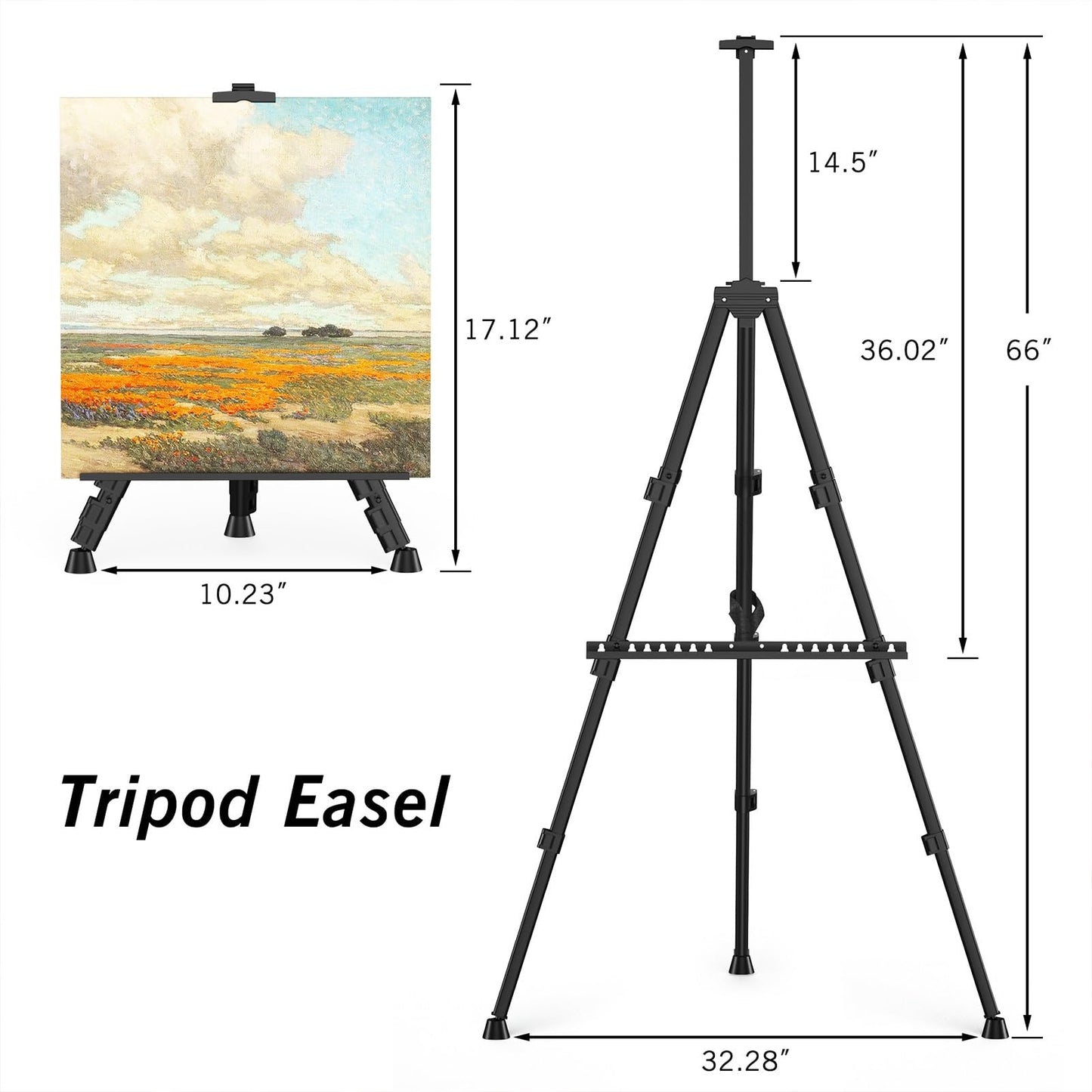 Art Painting Tripod Easel Stand - Portable Adjustable Display Artist Metal Easel with 1 Bag for Tabletop/Floor Painting, Height from 17 to 66 inches, Sturdy for Drawing, Displaying - Black