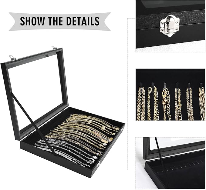 Premium Necklace Organizer Box - 20 Hooks Jewelry Tray with Transparent Lid - Display Box for Necklaces, Pendants - Suitable for Women and Girls (Black)