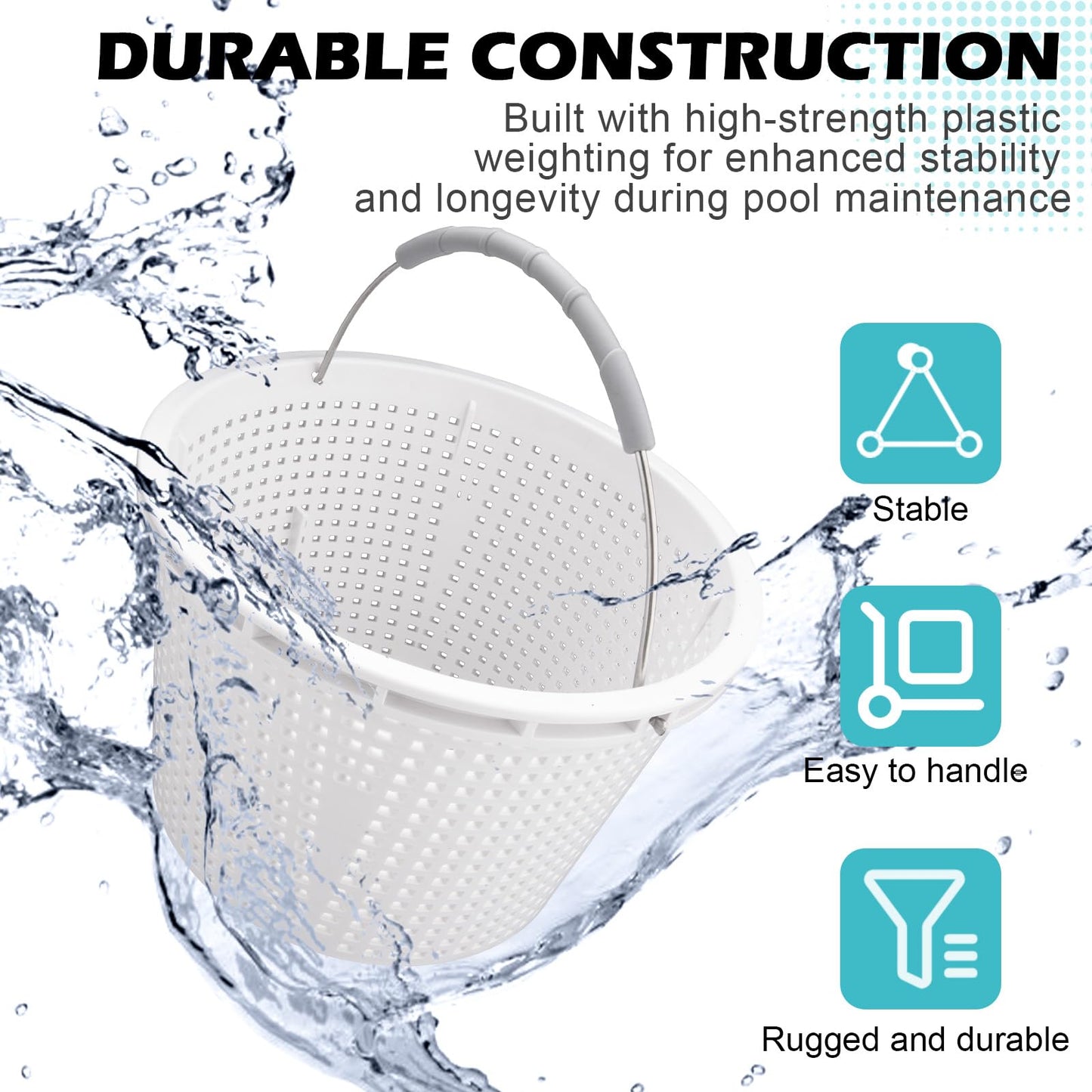 ZTTM 8" Pool Skimmer Basket for Inground Pool Compatible with Pentair U-3 Skimmer Basket 08650-0007 and Hayward SP1070 Pool Basket Stainless Steel Handle Rubber Grip & Built in Weighting White 2 Pack
