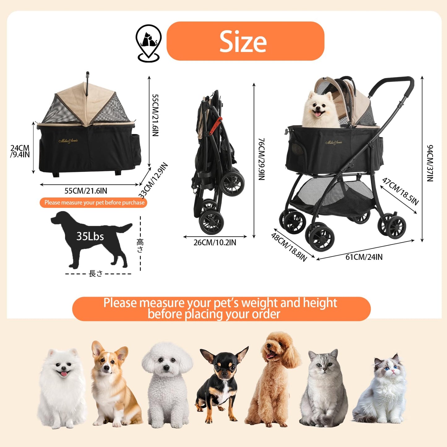 MILA&LOUIS Dog Stroller, 22" Pet Cradle for Small Dog, Pet Stroller with 4 Pu Wheels, 10Lbs Ultra-Light Dog&Cat Stroller for Small Pets, Max 22Lbs Capacity Detachable & Foldable Design with Cup Holder