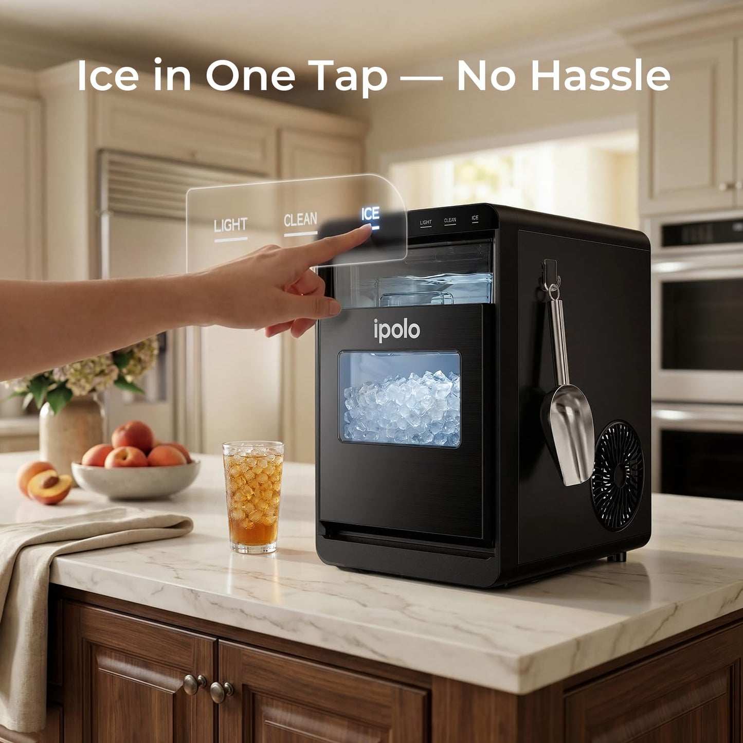 ipolo Nugget Ice Maker Countertop: 44lb/Day, Self-Cleaning, Black Stainless Steel, Portable, Soft Chewable Pebble Ice Machine for Home Kitchen, RV & Office