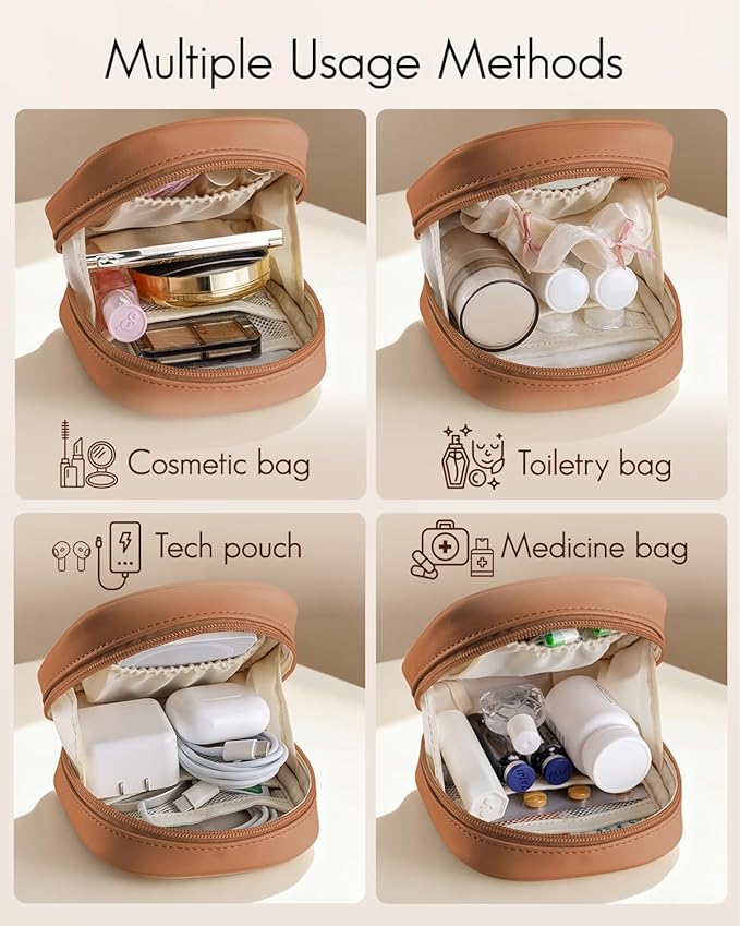 VLANDO Mini Makeup Bag, Small Makeup Bag for Purse with Slip-in Pockets, Portable Travel Toiletry Bag with Zipper, Waterproof Travel Essentials for Women-Dark Brown