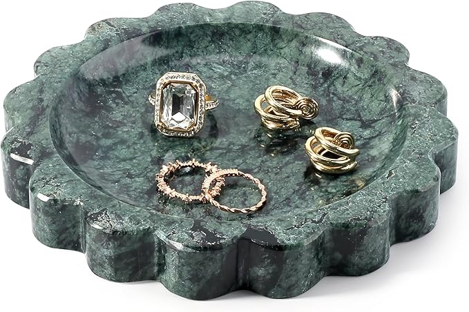 Koville 5.51" Scalloped Marble Tray, Round Stone Jewelry Trinket Dish for Ring, Natural Small Marble Tray for Bathroom Kitchen Dresser Countertop, Decorative Candle Tray(Green)