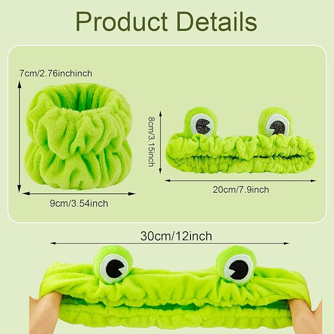 Skincare Headband Frog - 6pcs Set: 2 Green Frog Headbands for Skincare & 4 Wristbands for Washing Face - Non-Slip, Adjustable, Soft Microfiber, Warm Gift for Women, Girls