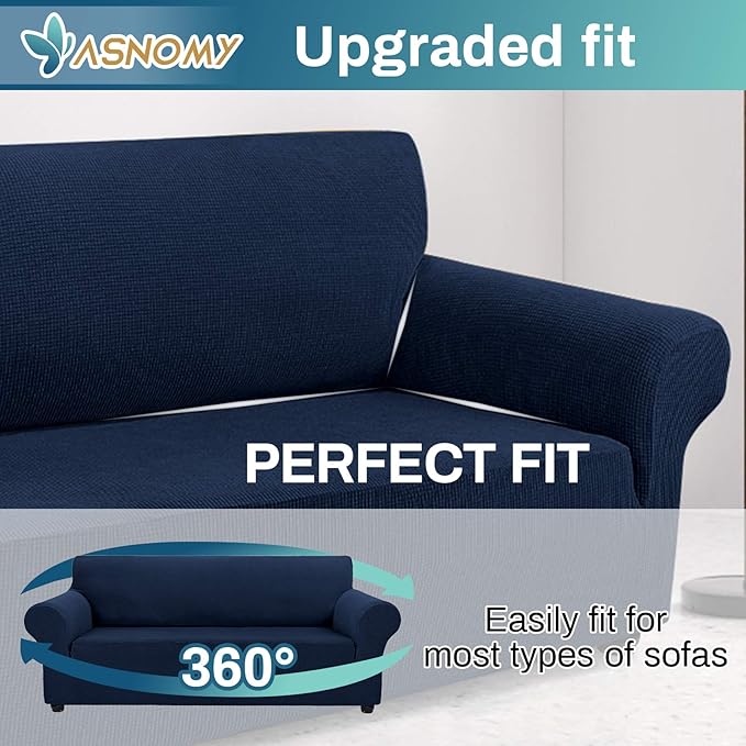 Asnomy Couch Covers for 3 Cushion Couch Stretch Sofa Covers Slipcovers, Pet Protector Furniture Covers for Dogs Cats Spandex Jacquard Fabric Small Checks （X-Large， Navy Blue）