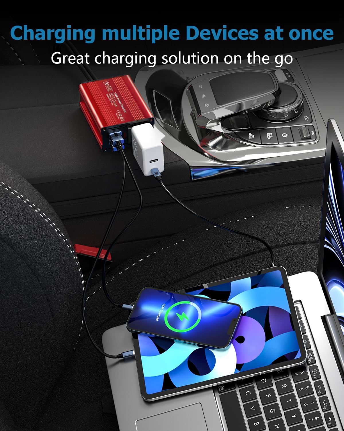 FOVAL 150W Car Power Inverter 12V DC to 110V AC Converter Vehicle Adapter Plug Outlet with 3.1A Dual USB Car Charger for Laptop Computer (Classic Blue)