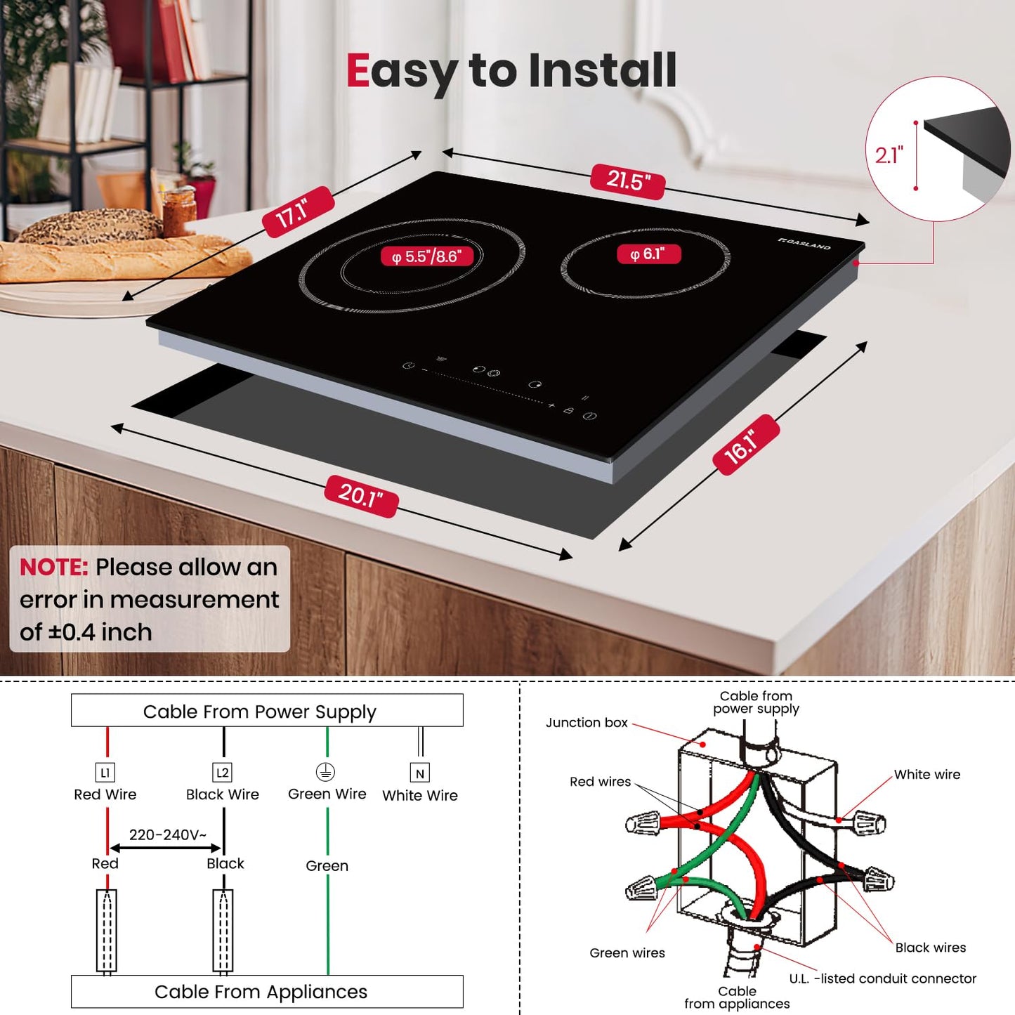 GASLAND 21 Inch Electric Cooktop for Apartment, ETL Certificated 2 Burners, 3700W Built-in Radiant Stove Top With 16 Power Levels, 240V Ceramic Stovetop, Slide Touch Control