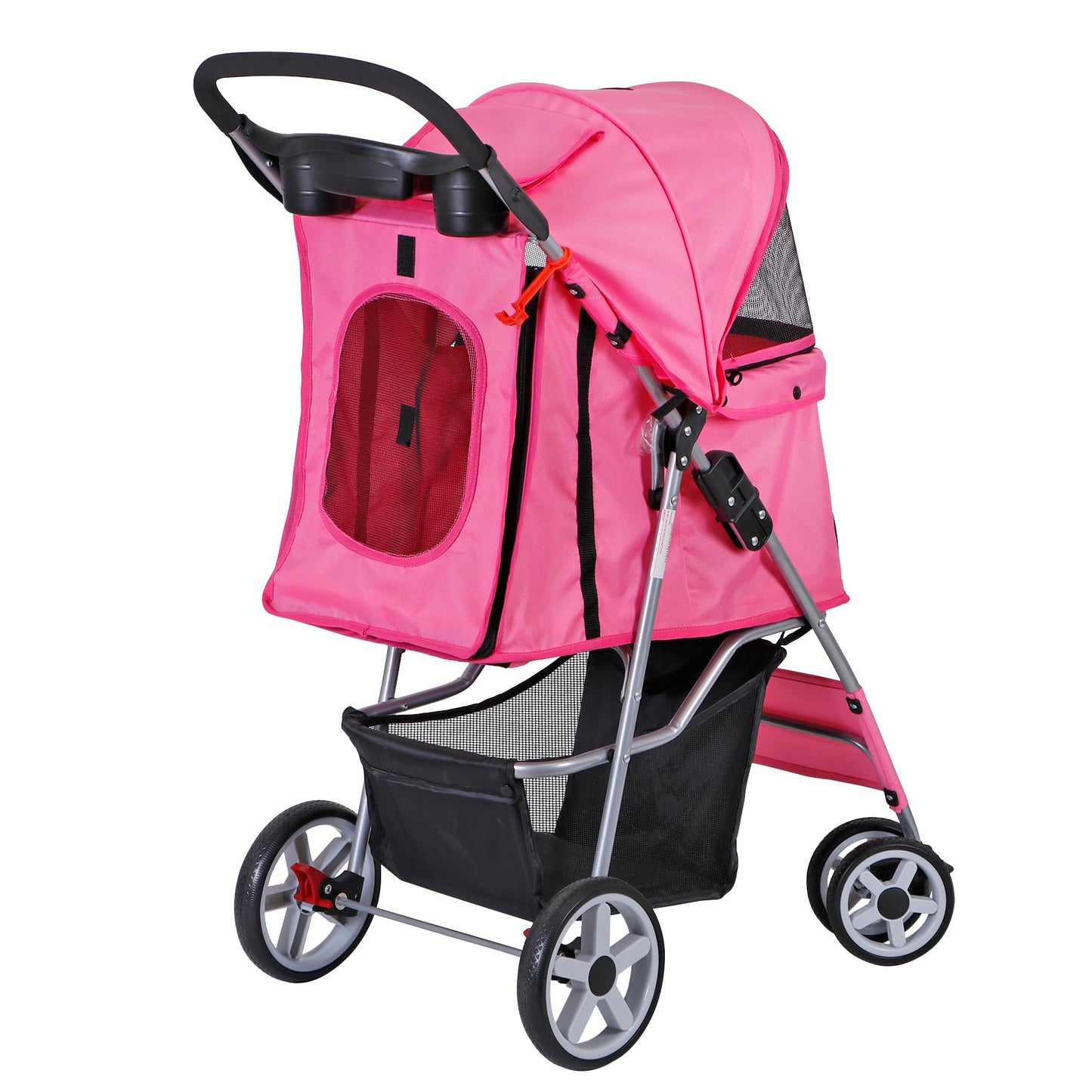 ZENY Foldable Pet Stroller, Cat/Dog Stroller with 4 Wheel, Pet Travel Carrier Strolling Cart with Storage Basket, Cup Holder (Pink)