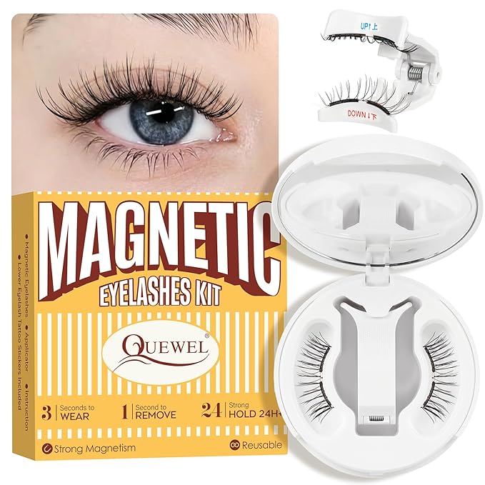 QUEWEL Magnetic-Eyelashes with Applicator, Upgrade 1 Pair Soft Magnetic Lashes, No Glue Needed Reusable Magnetic Eyelashes So Soft and Suitable for Beginners (Soft-Magnetic-C01)