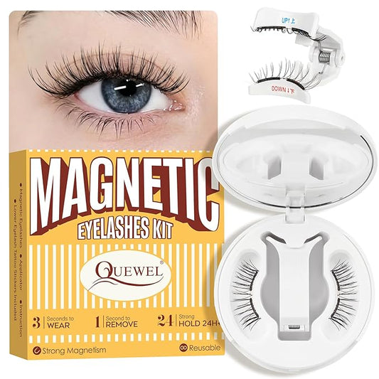 QUEWEL Magnetic-Eyelashes with Applicator, Upgrade 1 Pair Soft Magnetic Lashes, No Glue Needed Reusable Magnetic Eyelashes So Soft and Suitable for Beginners (Soft-Magnetic-C01)