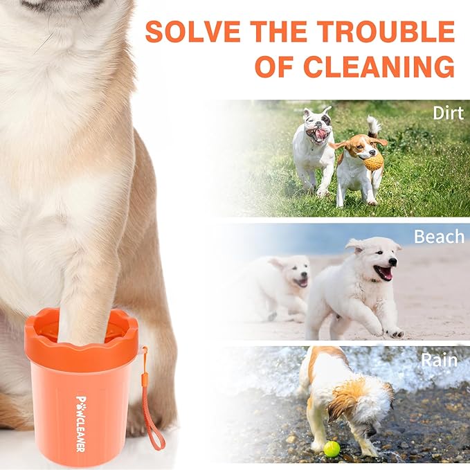 Professional 7 in 1 Dog Paw Cleaner for Dogs & Cats - Includes 1 Portable Paw Washer, 1 Bath Brush, 2 Dog Toothbrushes and 3 Absorbent Towels Note: Fits Paws up to 2 Inches Wide (Orange, Small)