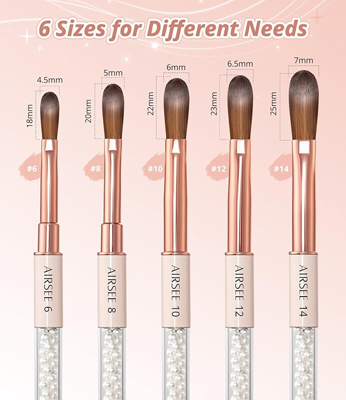 AIRSEE 5PCS Acrylic Nail Brush Set, Size 6/8/10/12/14 for Acrylic Powder Brushes, Nail Extension & 3D Carving Beginner & Professional Use DIY Salon Home, Pearl