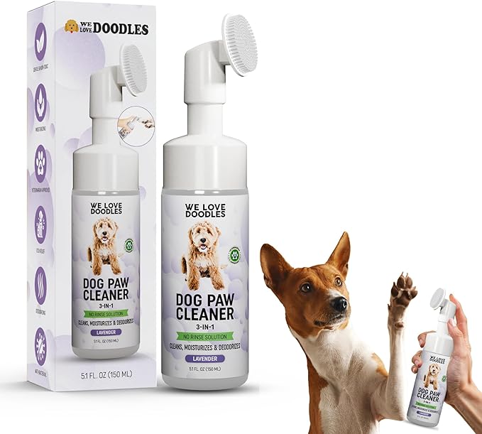 No-Rinse Dog Paw Cleaner with Built-in Silicone Bristle Brush | 3-in-1 Dirty Paw Washer Foaming Foot Cleaner for Muddy Pet Dogs & Cats | Gentle Moisturizing Waterless Shampoo - Lavender | 5 fl oz