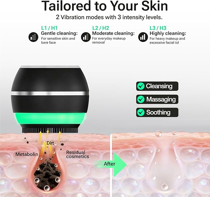 Electric Face Scrubber & Silicone Facial Cleansing Brush - Waterproof Sonic Face Brush Exfoliator with LED Screen, 3 Beauty Light Modes, Rechargeable Face Wash Brush for Deep Cleaning & Massage-Black
