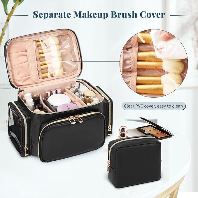 Makeup Bag, 2PCS Leather Large Travel Makeup Bag, Portable Waterproof Makeup Bag Organizer for Women with Makeup Brush Compartment, Cosmetic Travel Bag Vertical Storage Toiletry Bag, Black