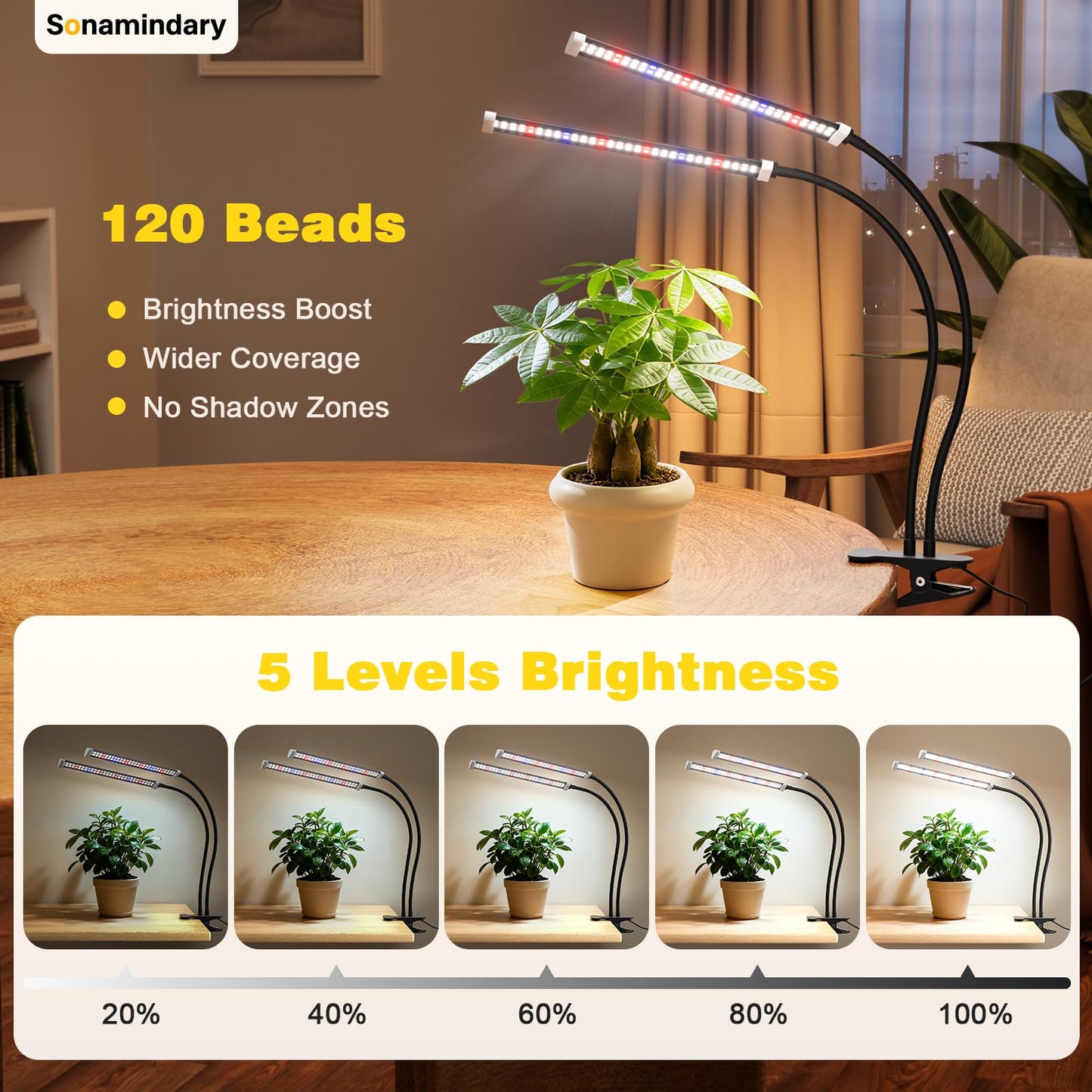 Sonamindary Grow Light for Indoor Plants, 120 LEDs Full Spectrum 5700K Plant Lamp with Red Blue White Light, 5-Level Dimmable, 4/8/12H Timer, Adjustable Clamp Stand(Dual Head)