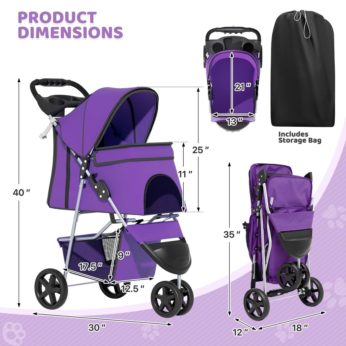 Magshion 3-Wheel Pet Stroller, Foldable Travel Jogger for Small & Medium Dogs & Cats (Up to 33lbs), Lightweight Carrier with Breathable Mesh Cover, Cup Holder & Storage Basket, Purple