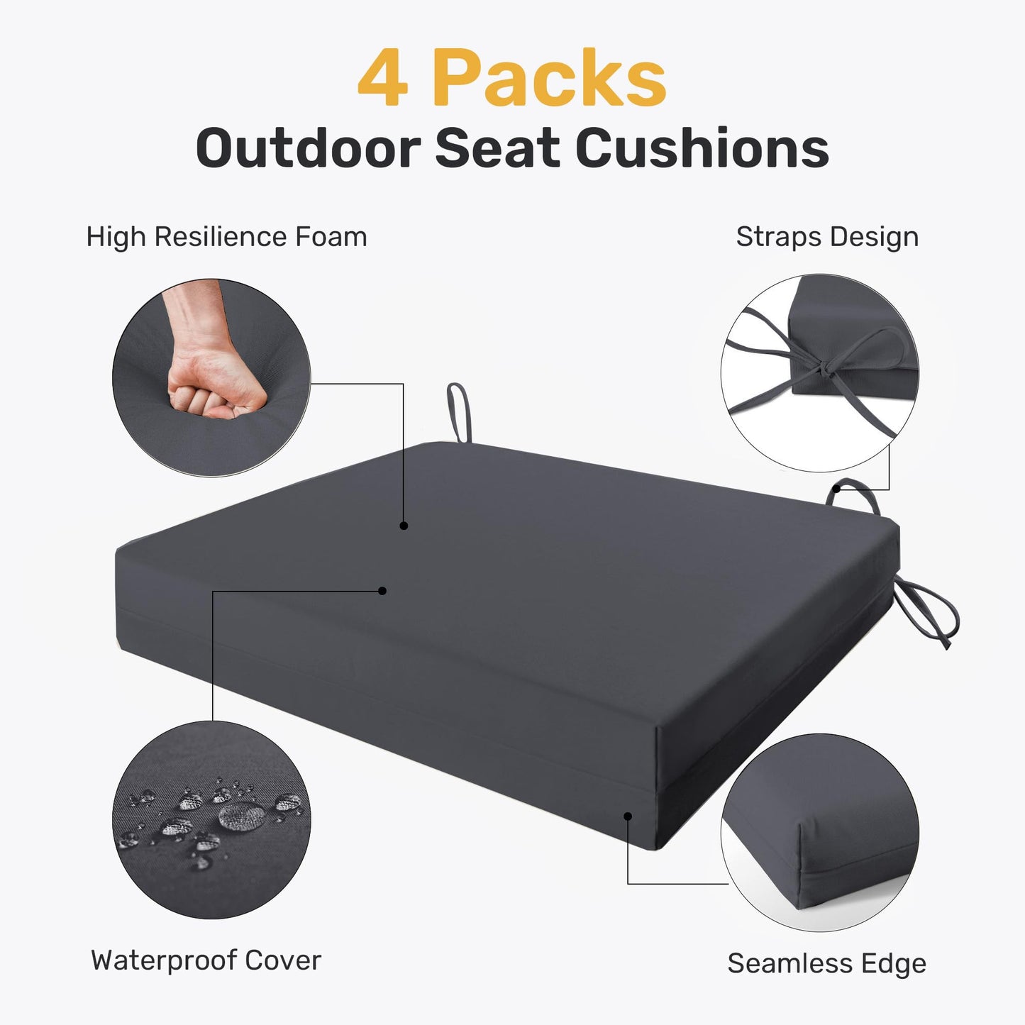 UNIKOME Outdoor Chair Cushions Pack of 4, Water Resistant Patio Cushions with Ties, High Density Sponge Filling Square Corner Seat Cushions for Outdoor Furniture, 18.5"*16"*3", Grey