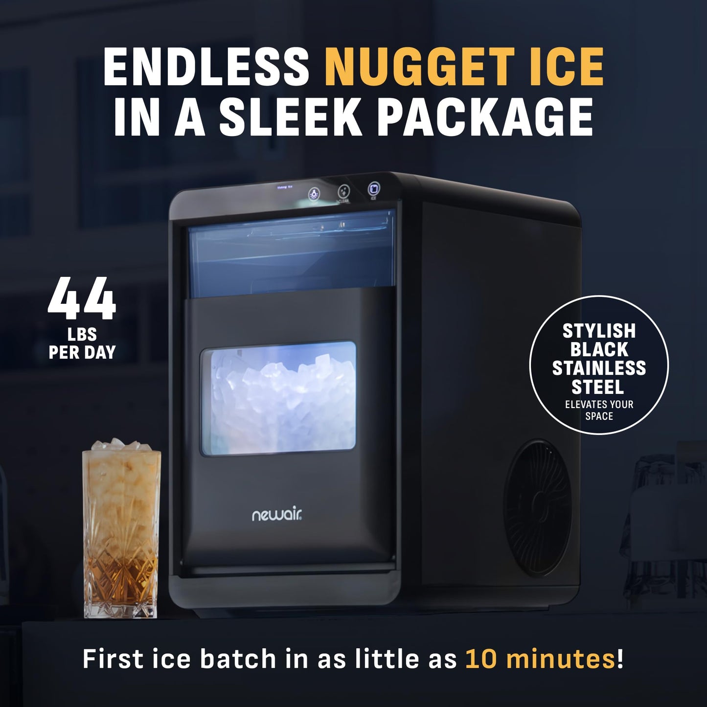 Nugget Ice Maker Countertop | 44 lbs/Day Pebble Ice Machine with Self-Cleaning | Soft Chewable Pebble & Sonic-Style Ice | Black Stainless Steel