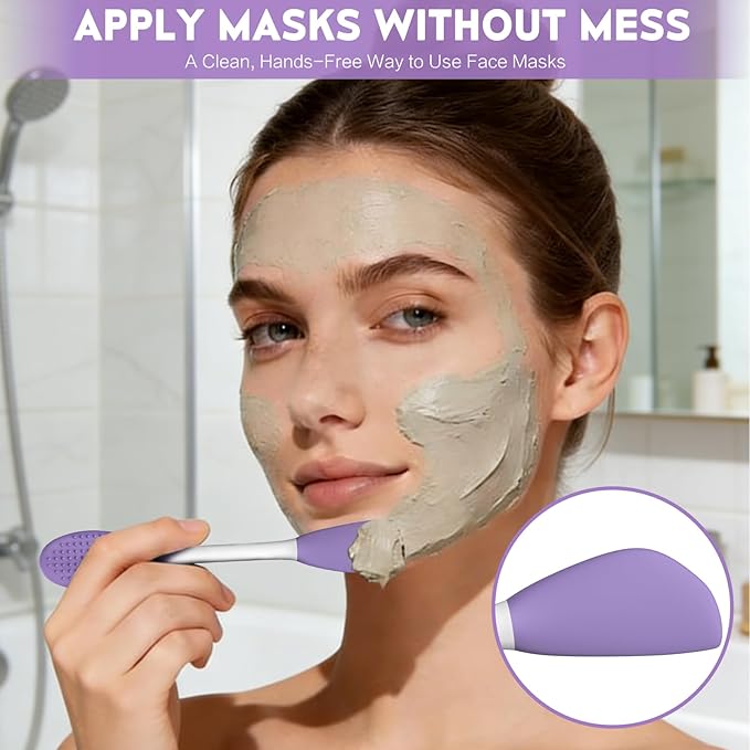Silicone Pore Cleansing Brush Set, 2PCs Face Mask Applicator Spatula & Facial Massage Tool, Multi-Function Soft Silicone Pore Brush Face Scrubber for Skincare Routine, Pink & Purple