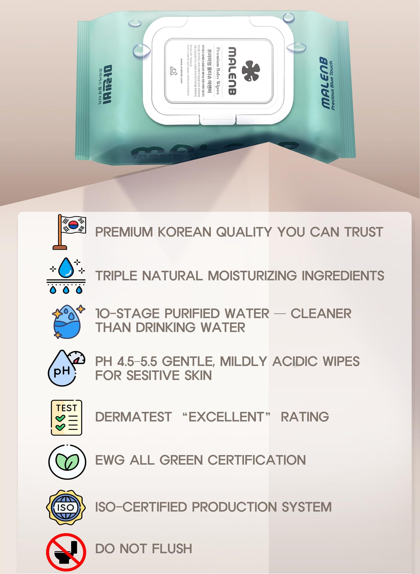 Sensitive Baby Wipes, Plenty of 10-Stage Purified Clear Water, Naturally Derived Ingredients, Unscented, Hypoallergenic, Korean Standard, 10 Flip-Top Packs (1000 Wipes Total) Green 55 gsm