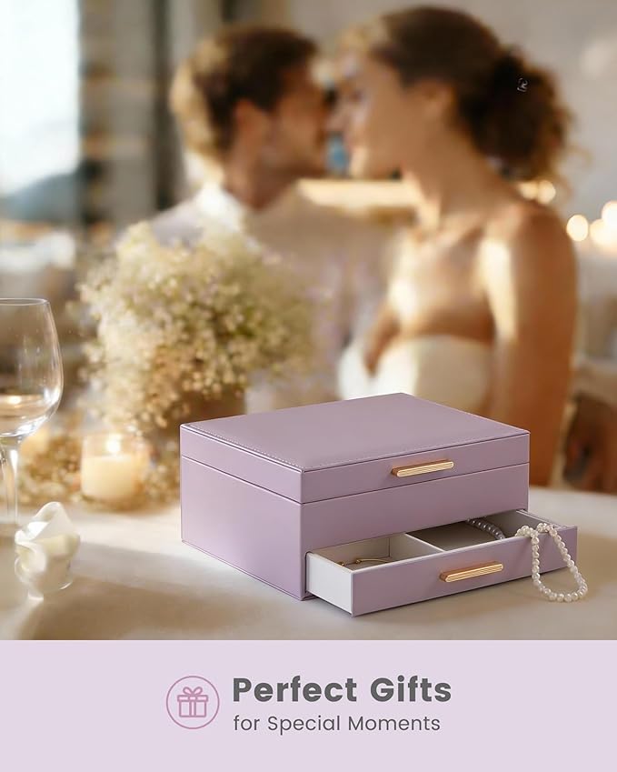 Lolalet 2-Layer Jewelry Box Organizer for Women Girls, Jewelry Storage Case Holder with Drawers for Necklaces Ring Earrings Bracelet Watch, Gifts for Galentines Valentines Girlfriend Wife -Purple