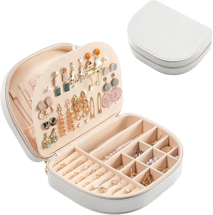 ProCase Travel Size Jewelry Box, Large Portable Seashell-Shaped Jewelry Case, 2 Layer Jewelry Organizer in PU Leather for Women -Silver