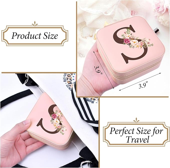 Mothers Day Mom Gifts for Wife Daughter Grandma, Travel Jewelry Case Box Organizer, Personalized Gifts for Women Teen Girls Mom Aunt Sister, Bridesmaid Gifts Traveling Essentials, Initial S