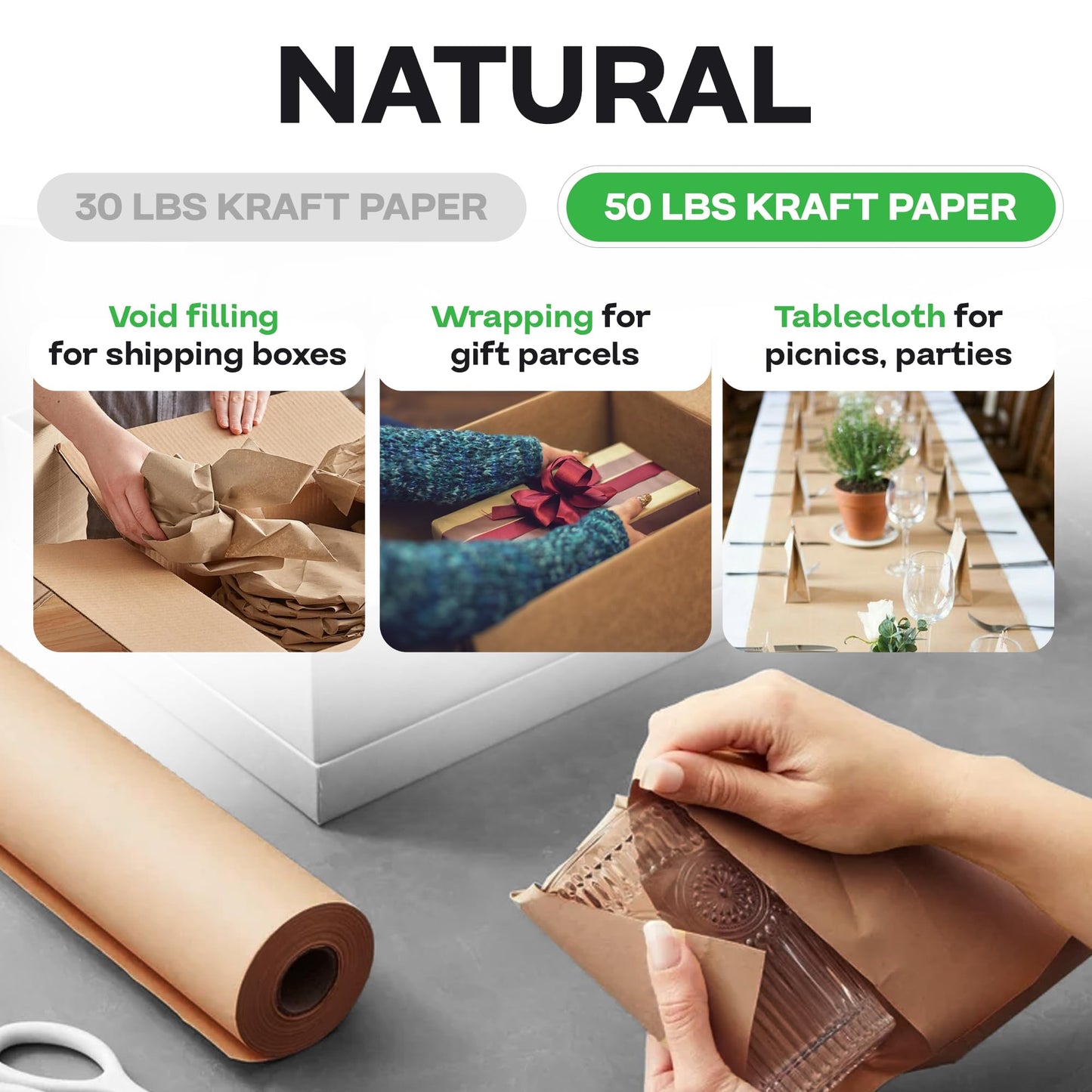IDL Packaging 36" x 8640" (720 feet) - Brown Kraft Paper Roll - 50lb Thickness - USA-Made Heavy Duty Paper for Packing, Moving, Shipping, Crafts - 100% Recyclable Natural Kraft Wrapping Paper