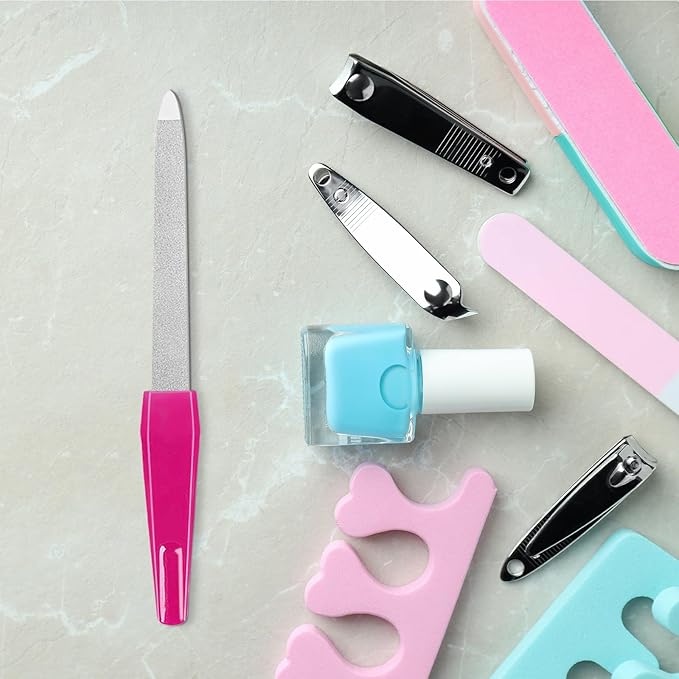 Metal Nail Files with Sharp Pointed Tip Made of Stainless Steel Non Slip Handle, Nail File Double Sided Sapphire Grit for Natural Nails Fingernails limas de uÃÂ±as metÃÂ¡licas Color Pink (6 Pcs)