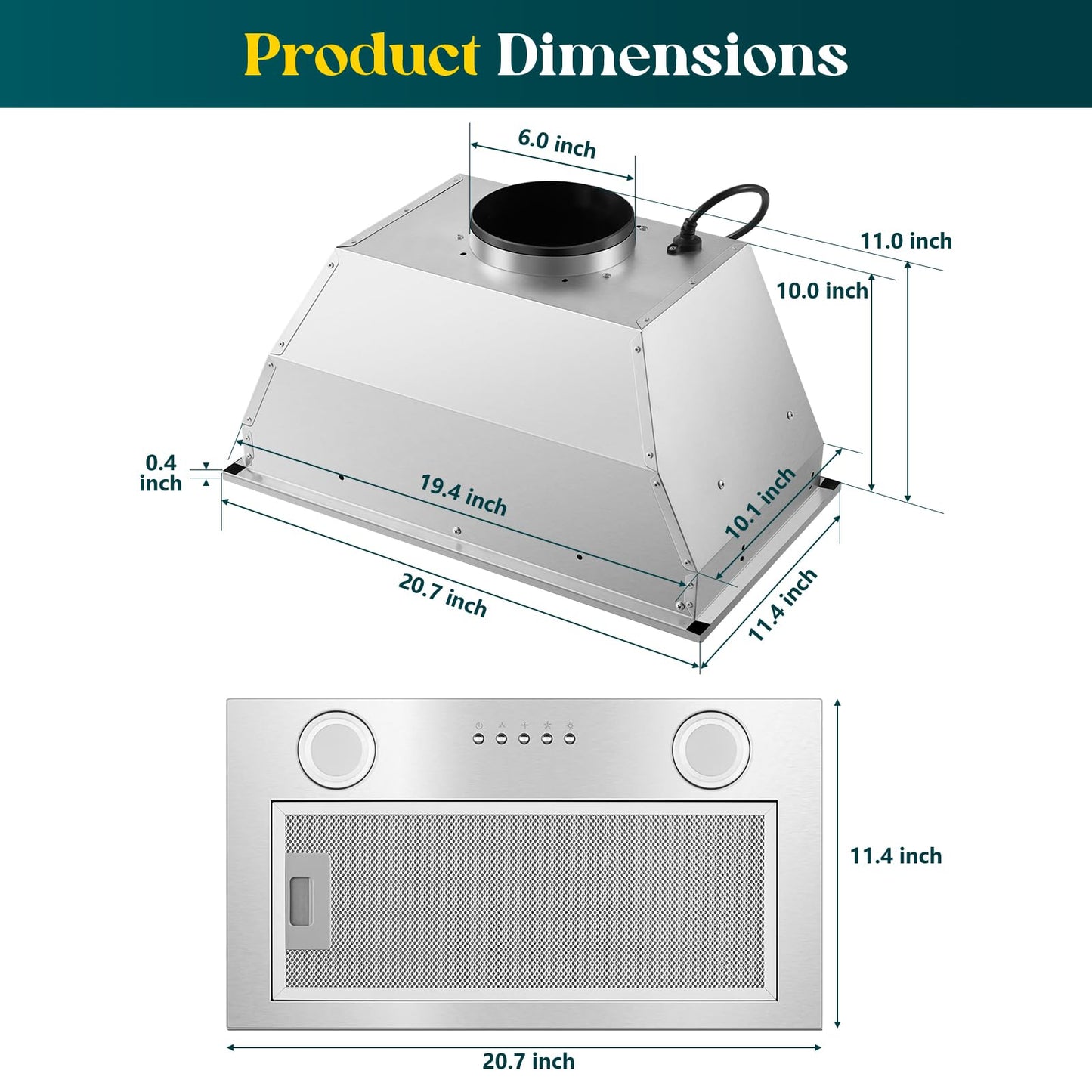 Zomagas Range Hood Insert 20 Inch, Built-in Kitchen Hood 600CFM, Ducted/Ductless Convertible, Vent Hood Insert w/Mesh Filter, Push Button Control, Stainless Steel Range Hood w/ 3 Speed Fan