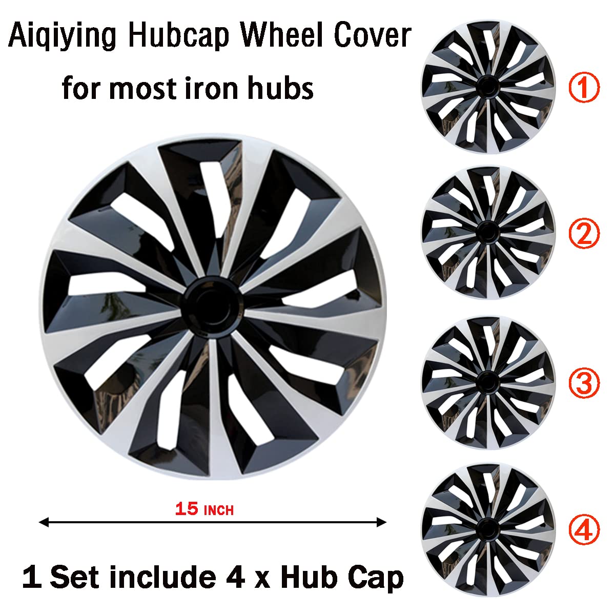 Hubcap Wheel Covers Replacement Size R15 Hub Caps Universal-Fit Steel Wheel Rims Cover ABS Tire Cap for Most Cars Trucks Sedans SUV -Set of 4（15-inch，Silver-Black）